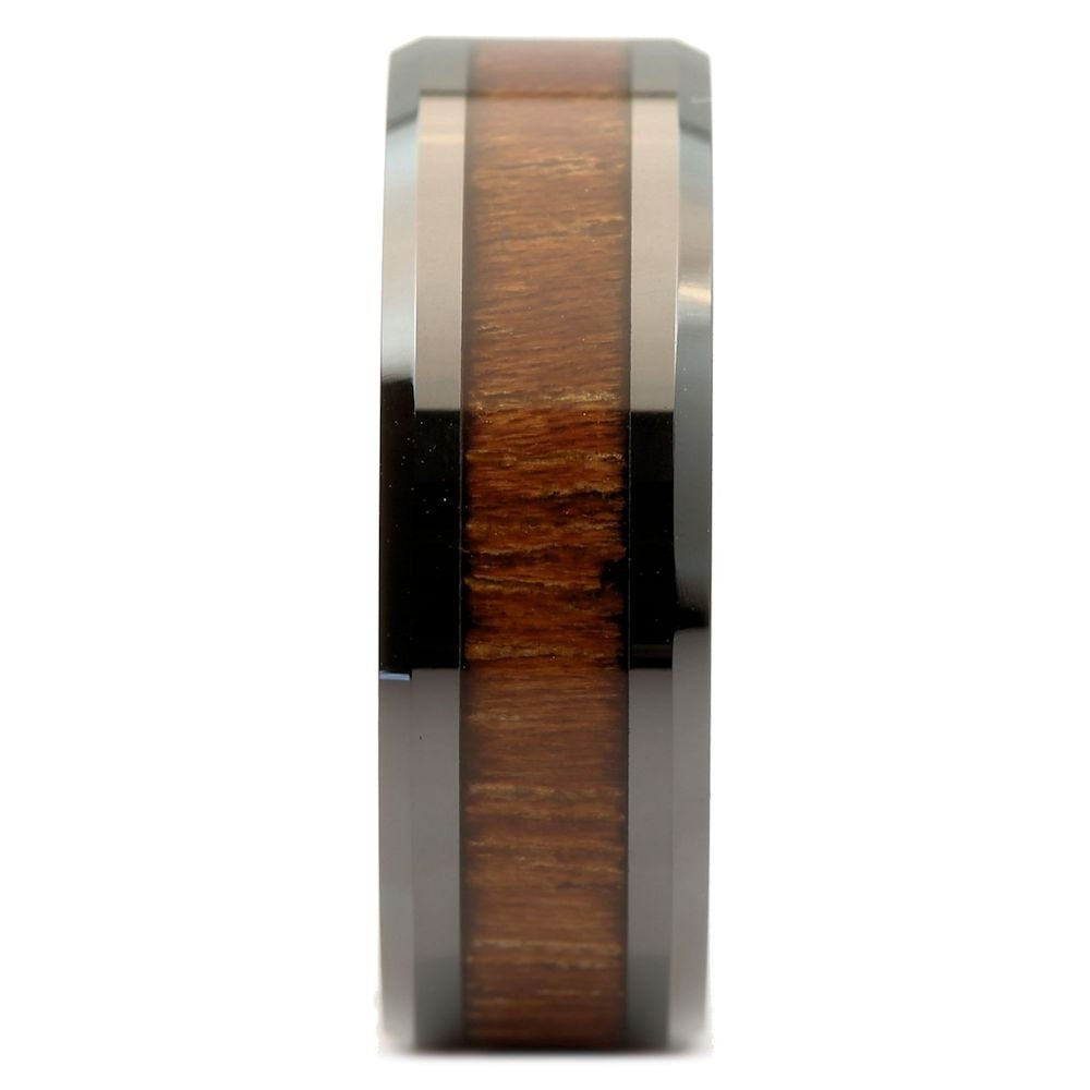 8mm Black Ceramic Wedding Band Natural Acacia Koa Wood Inlay Comfort Fit