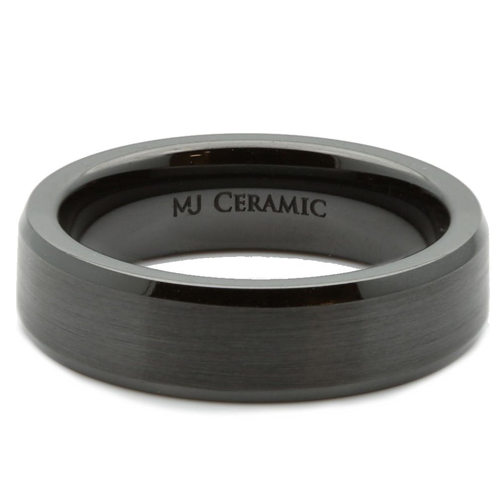Black Ceramic Ring Brushed Center Recessed Polished Edge Wedding Band 6mm