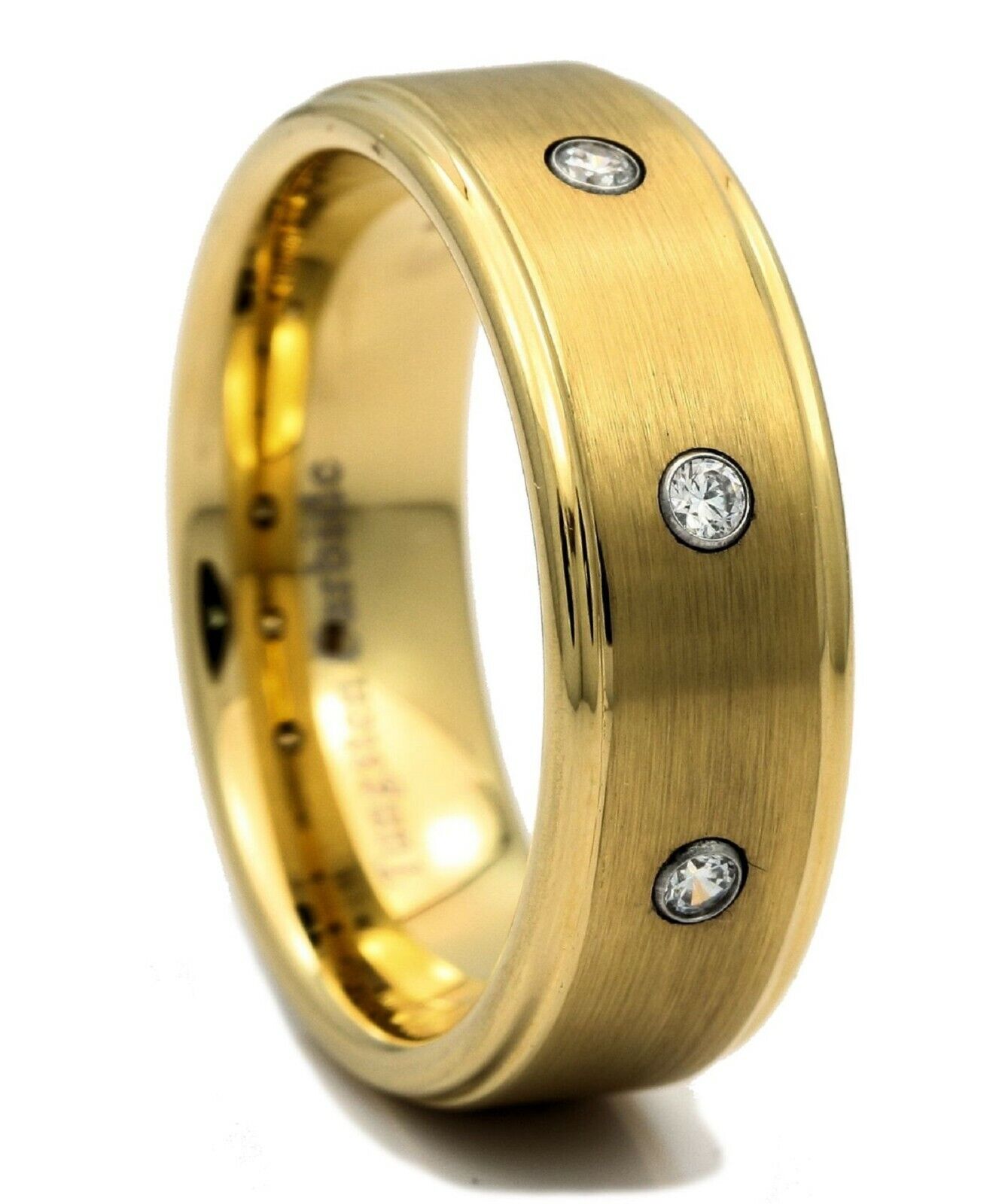 8mm Tungsten Carbide Wedding Ring 3 CZ Brushed Center Polished Edges