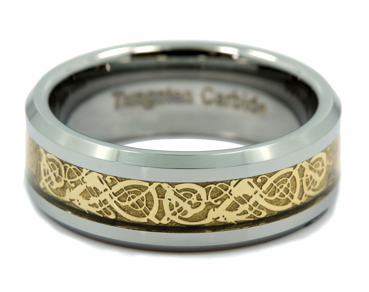 Tungsten Carbide Wedding Ring Styles Celtic Dragon Inlay comfort fit