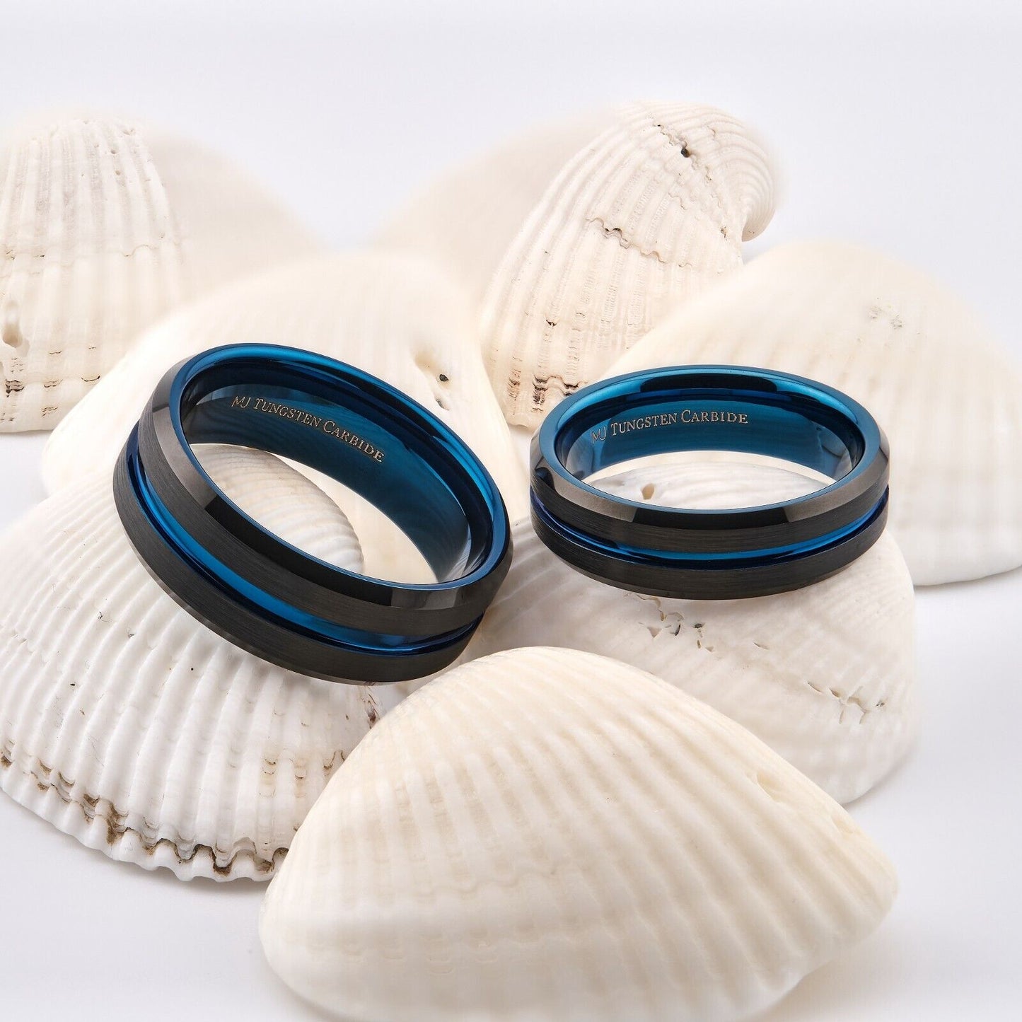 Tungsten Carbide 6mm or 8mm Band Blue Groove and Inside, Black Plated Ring