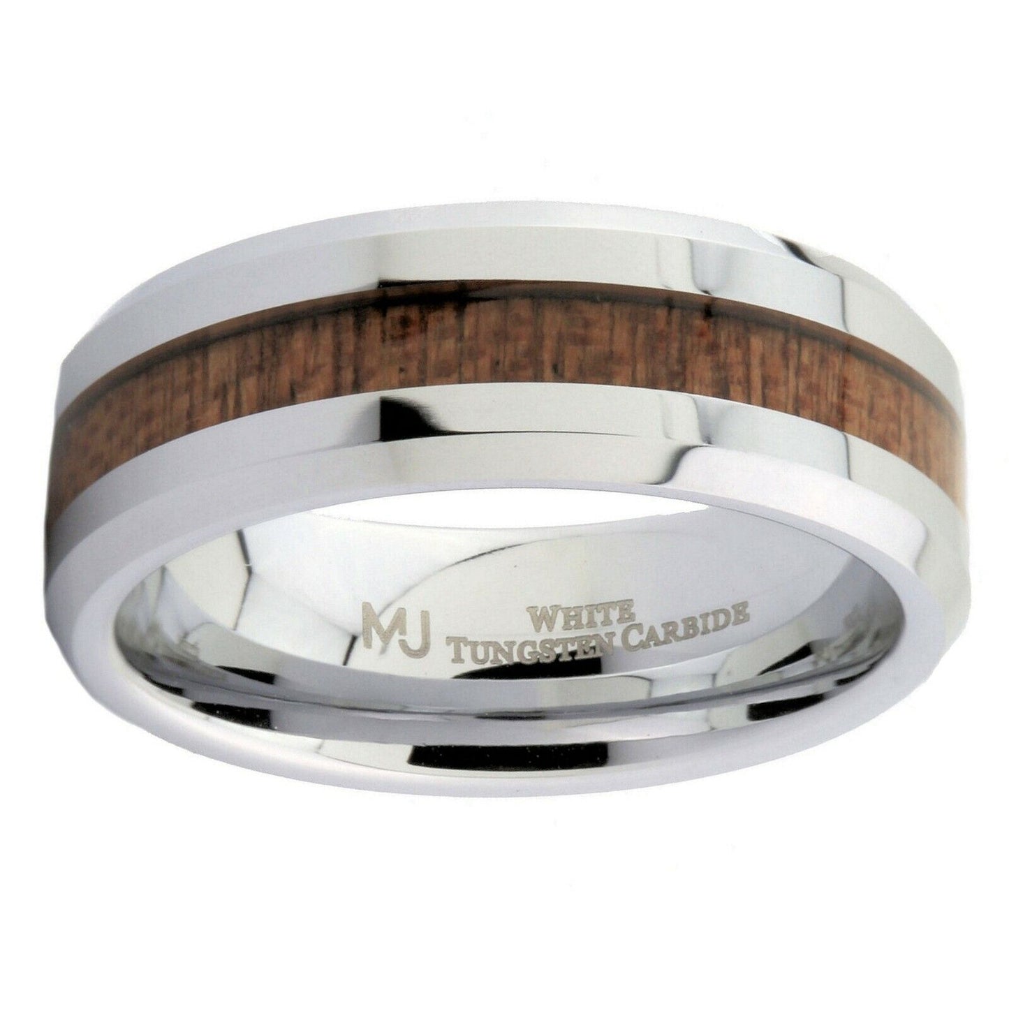 White or Black Tungsten Carbide 8mm Wedding Band with Real Koa Wood Inlay Ring