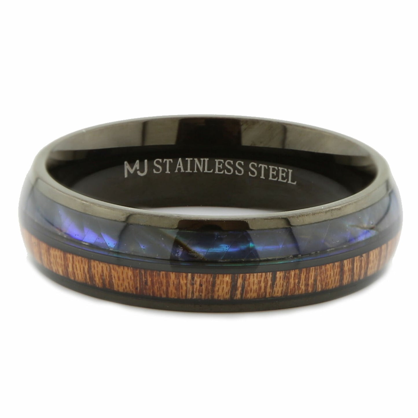 Custom Engraved Stainless Steel Abalone Inlay with Koa Wood or Faux Opal Ring