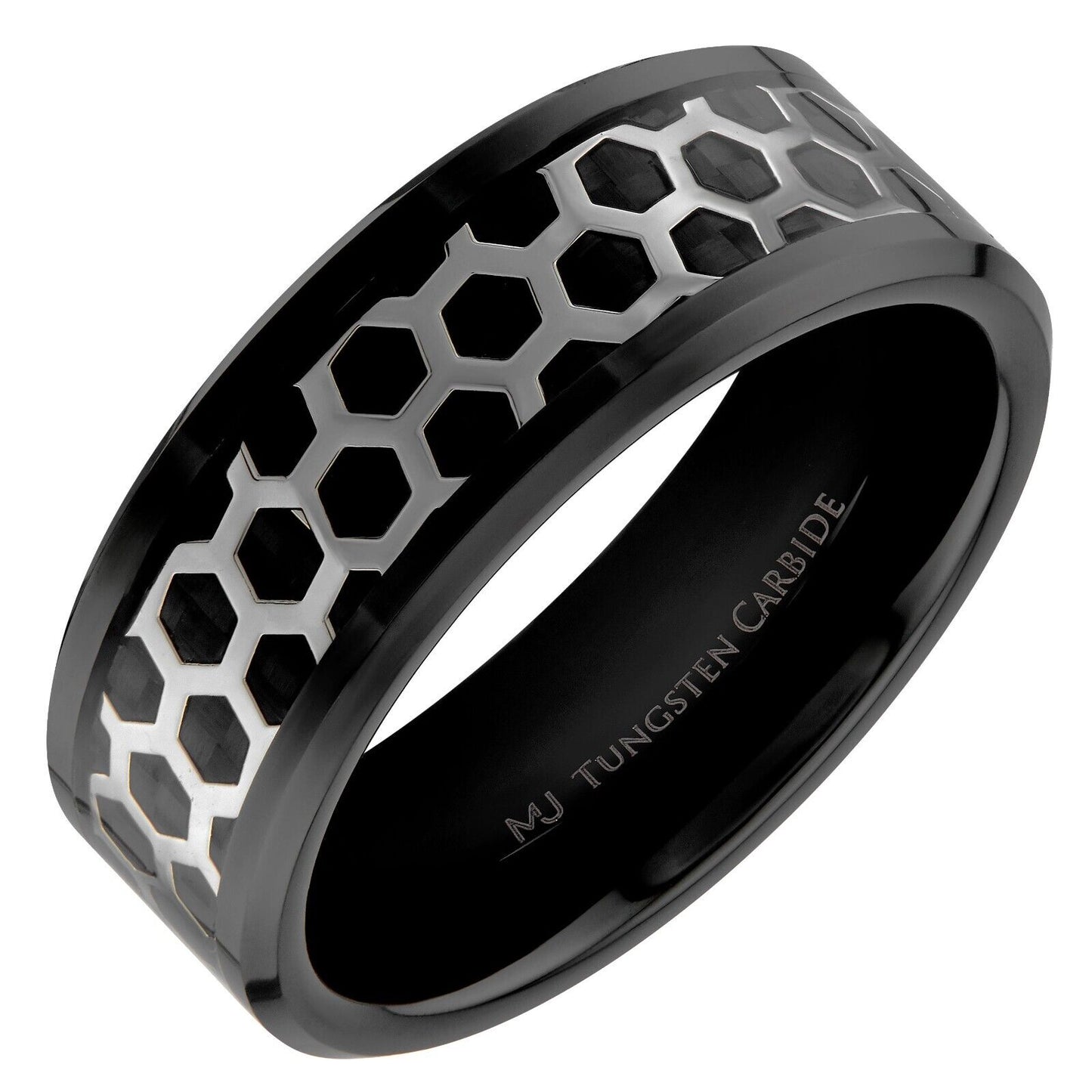 Tungsten Carbide Black or Polished Hexagon Pattern Over Black Carbon Fiber Inlay