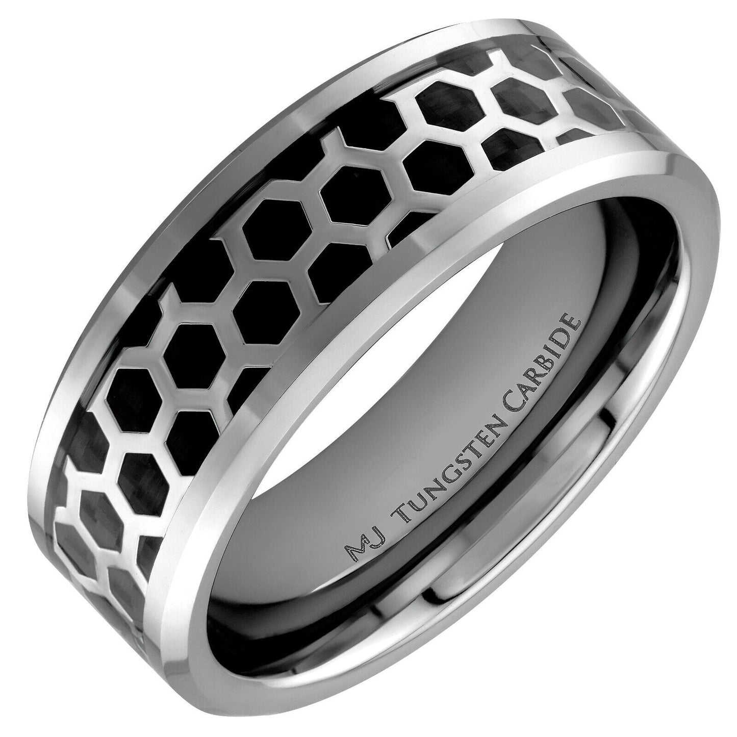Tungsten Carbide Black or Polished Hexagon Pattern Over Black Carbon Fiber Inlay