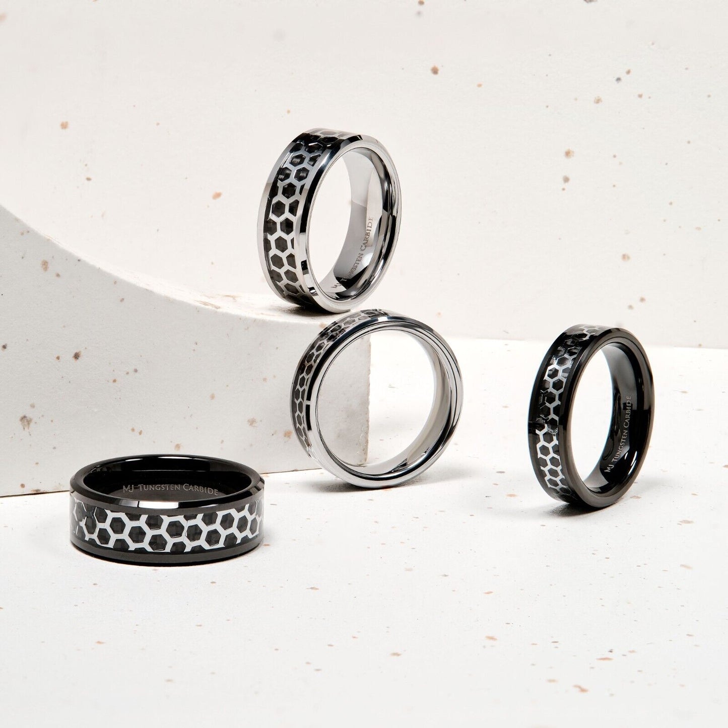 Tungsten Carbide Black or Polished Hexagon Pattern Over Black Carbon Fiber Inlay