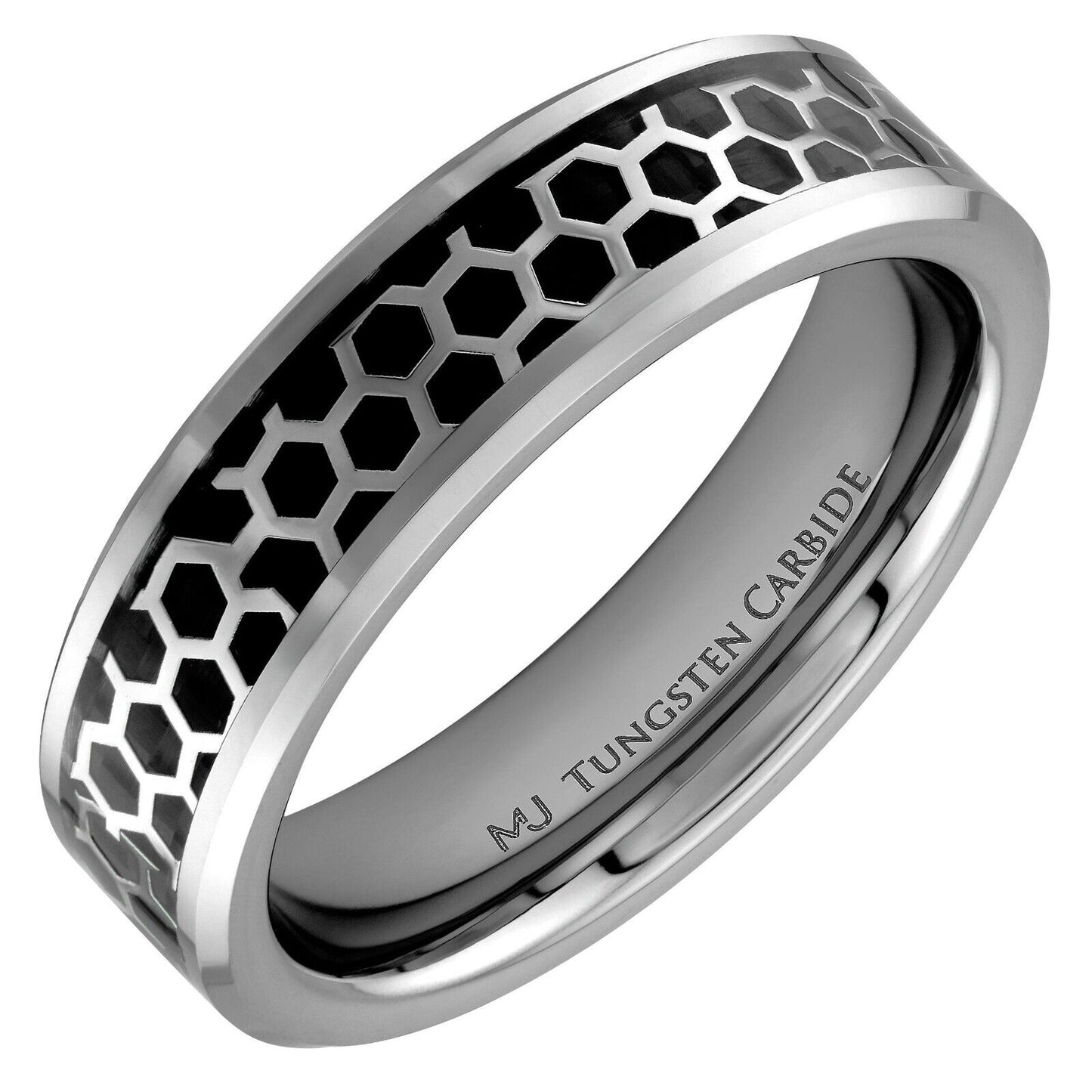 Tungsten Carbide Black or Polished Hexagon Pattern Over Black Carbon Fiber Inlay