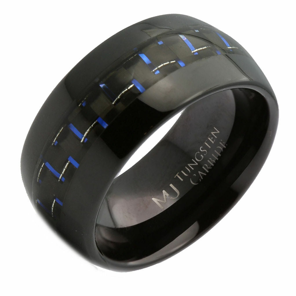 Tungsten Carbide Black Plated 8 or 10mm with Black/Blue Carbon Fiber Inlay Ring