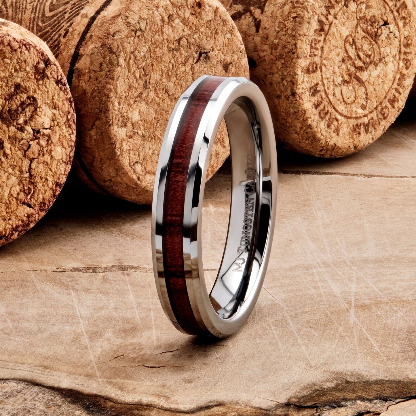 4mm Tungsten Carbide Koa Wood Inlay Black Plated or Polished Wedding Ring