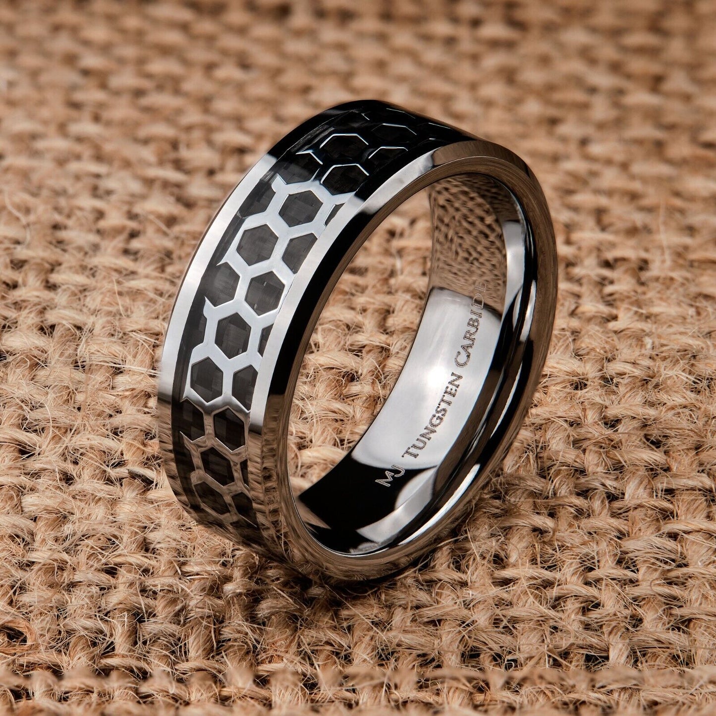 Tungsten Carbide Black or Polished Hexagon Pattern Over Black Carbon Fiber Inlay