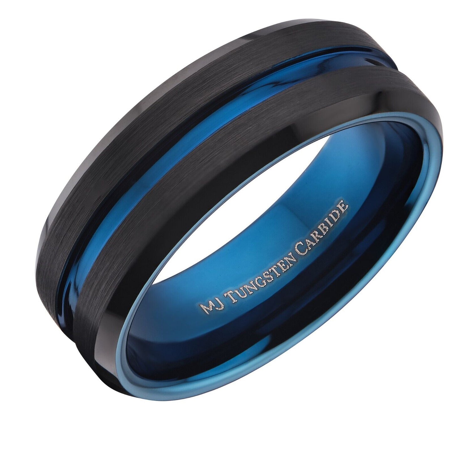 Tungsten Carbide 6mm or 8mm Band Blue Groove and Inside, Black Plated Ring
