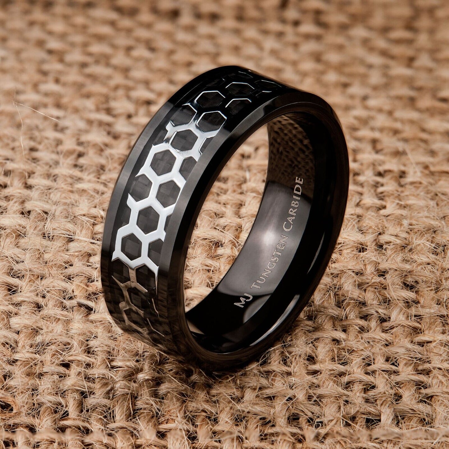 Tungsten Carbide Black or Polished Hexagon Pattern Over Black Carbon Fiber Inlay