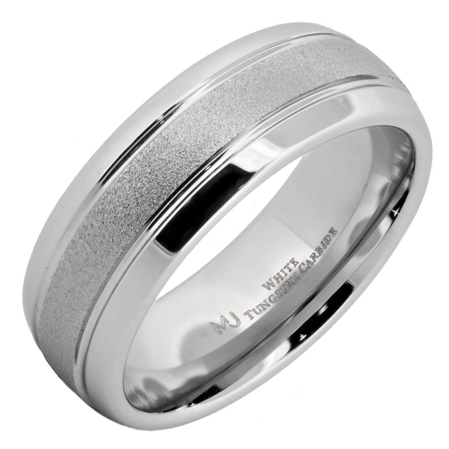White Tungsten Carbide 6mm or 8mm Ring Sand Blasted Center Polished Edges
