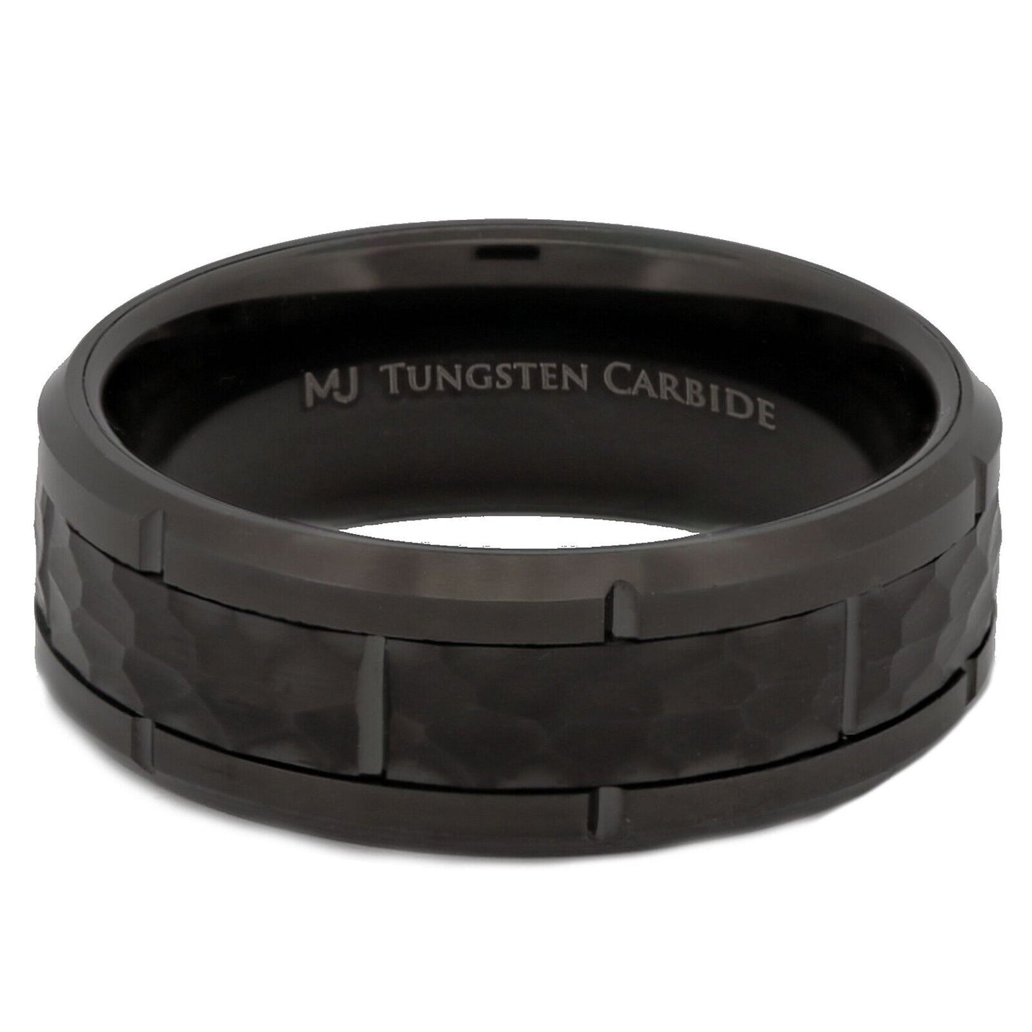 Tungsten Carbide 8mm Band Brushed Hammered Brick Pattern Notched Edges Ring
