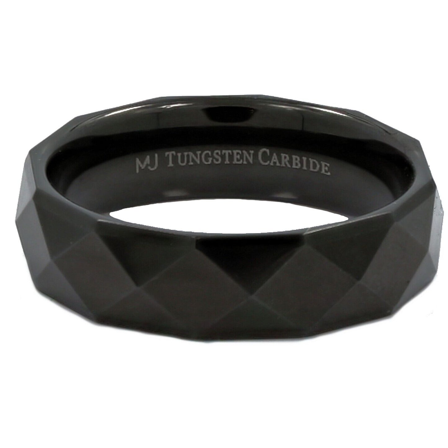 White Tungsten Carbide or Black Plated Multi Faceted Polished 6mm or 8mm Ring
