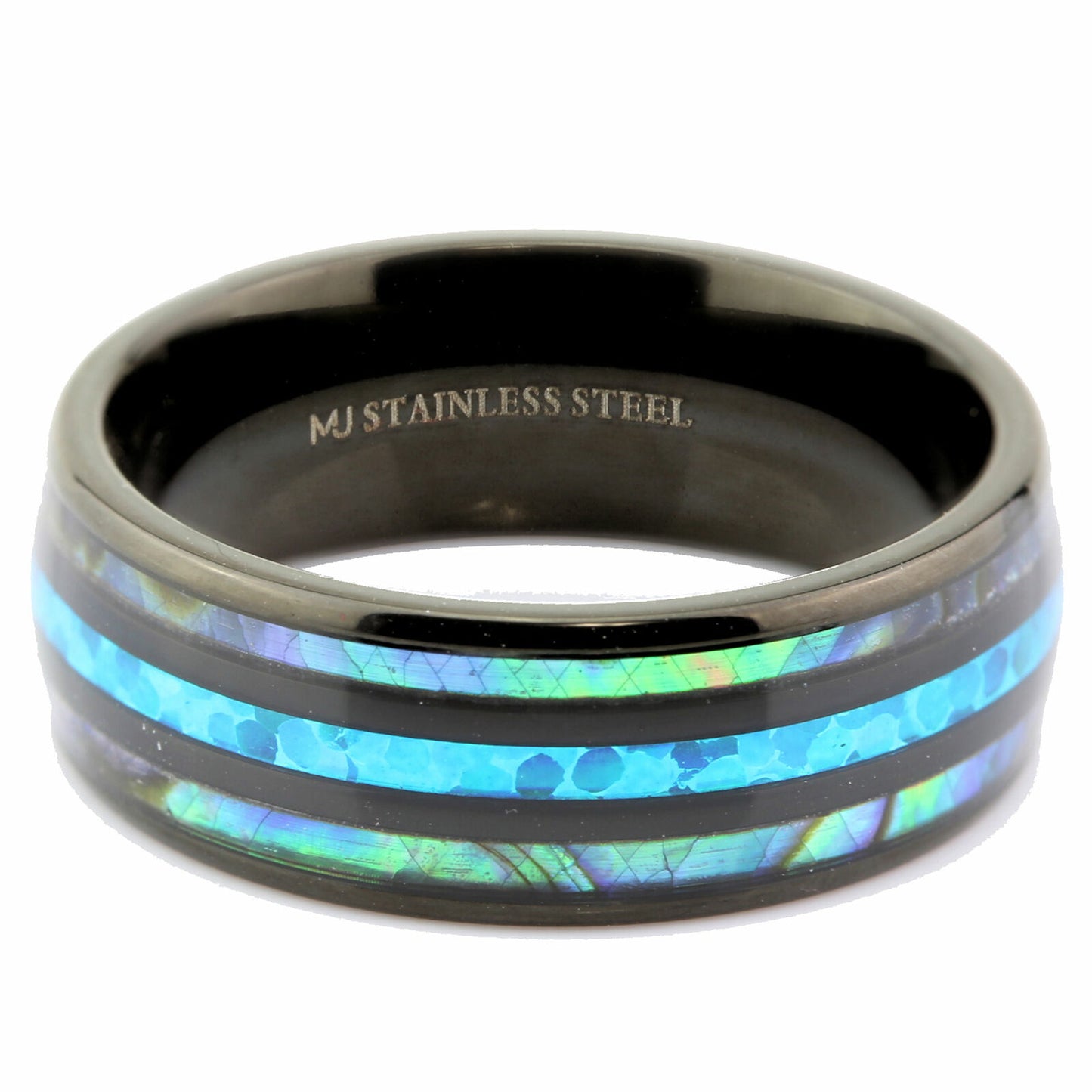 Custom Engraved Stainless Steel Abalone Inlay with Koa Wood or Faux Opal Ring