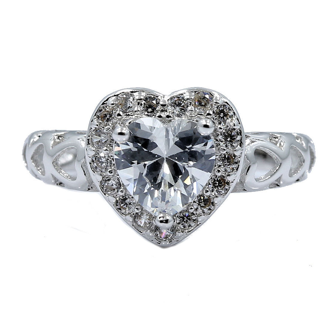 18K White Gold Plated Heart CZ Wedding Band Ring Size
