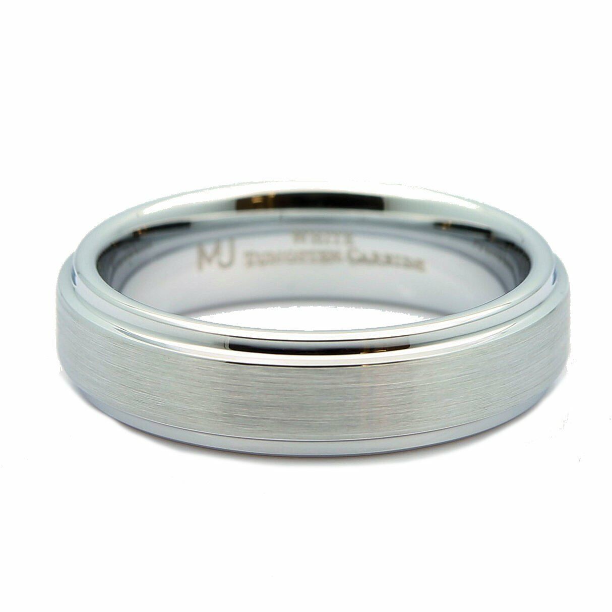 White Tungsten Carbide Brushed Wedding Band Recessed Edge 6mm or 8mm Ring