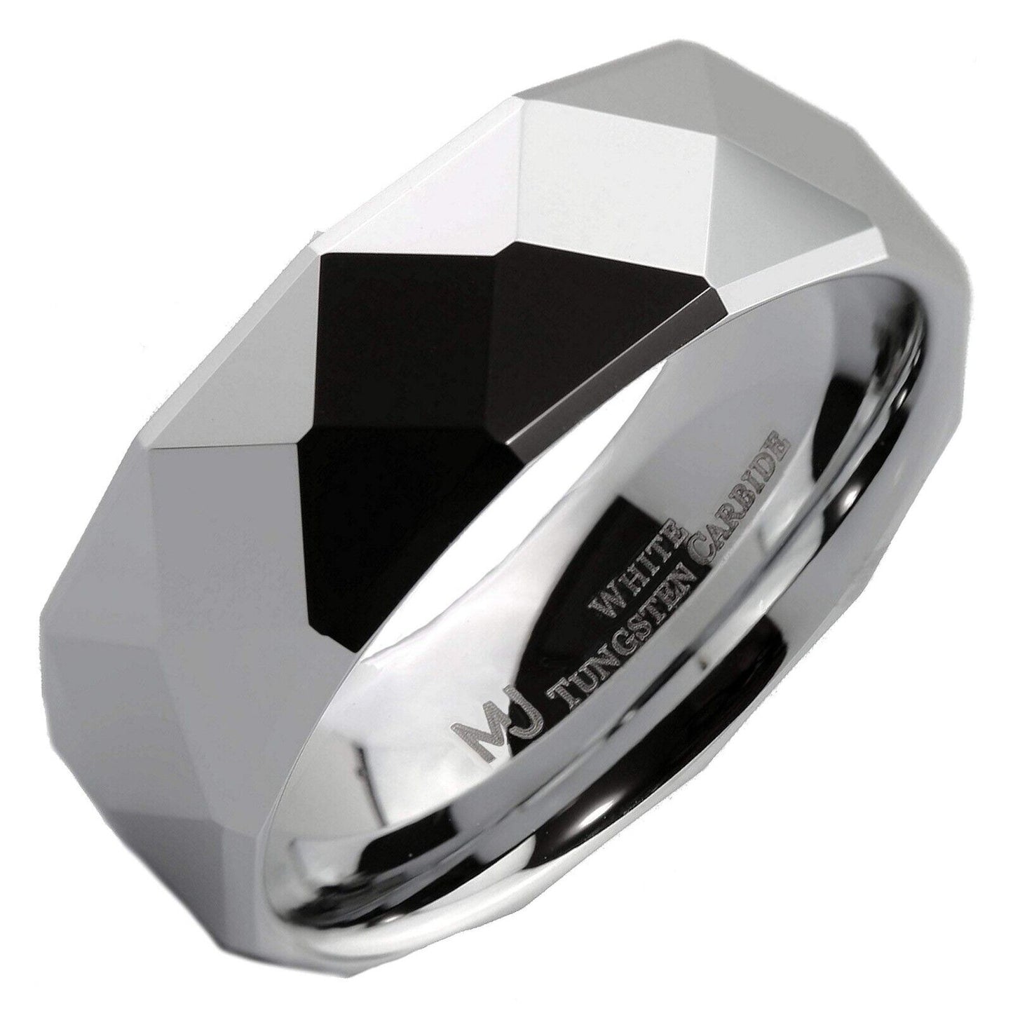 White Tungsten Carbide or Black Plated Multi Faceted Polished 6mm or 8mm Ring
