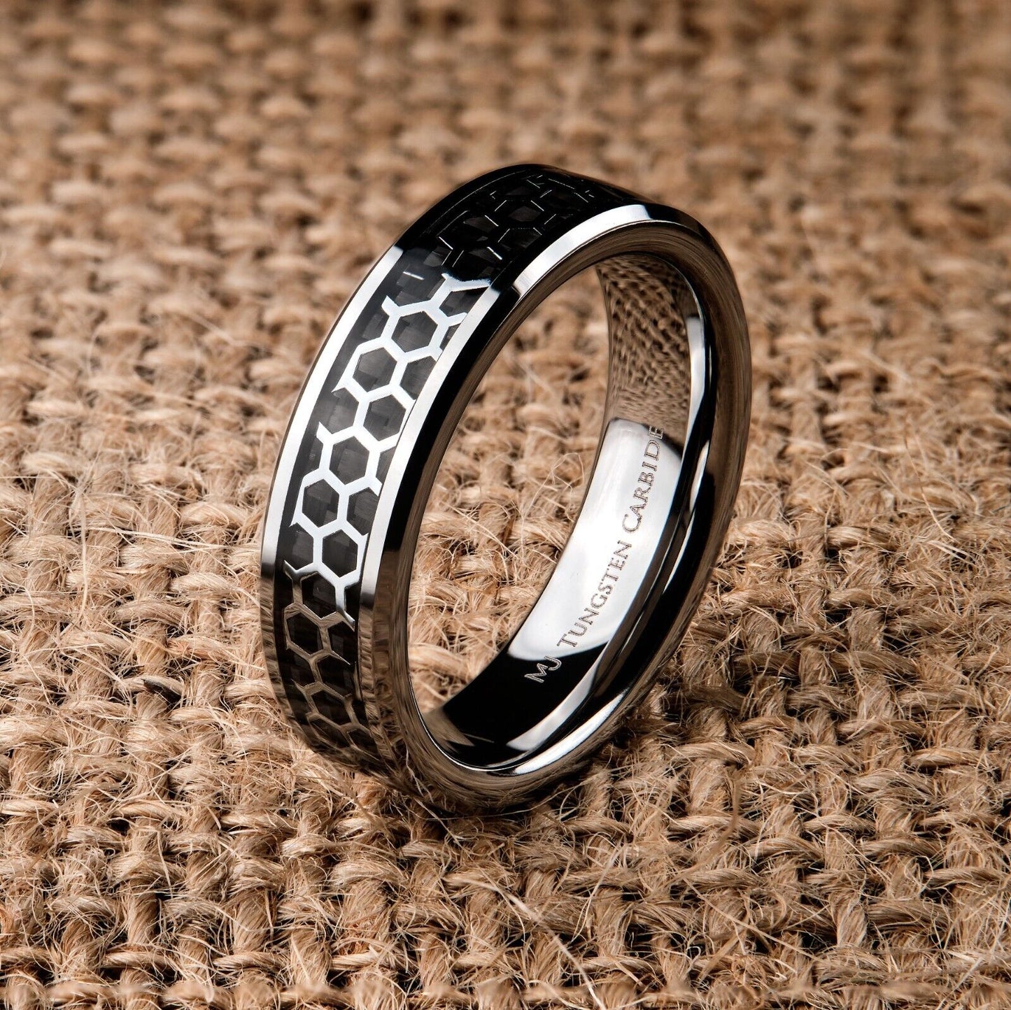 Tungsten Carbide Black or Polished Hexagon Pattern Over Black Carbon Fiber Inlay
