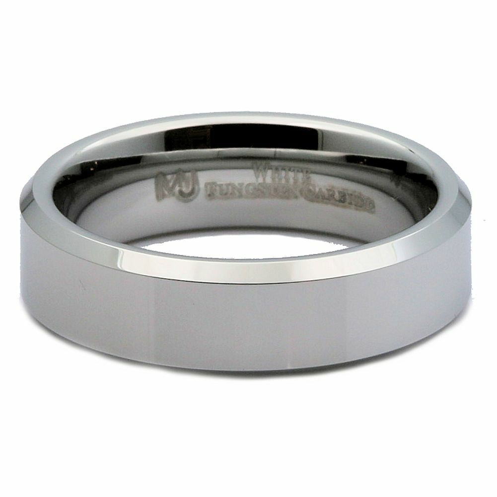 White Tungsten Carbide Mirror Polished With Beveled Edges Wedding Band Ring