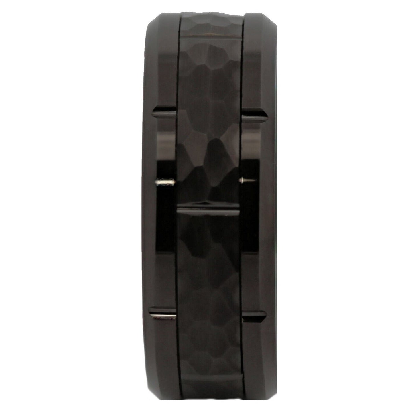Tungsten Carbide 8mm Band Brushed Hammered Brick Pattern Notched Edges Ring