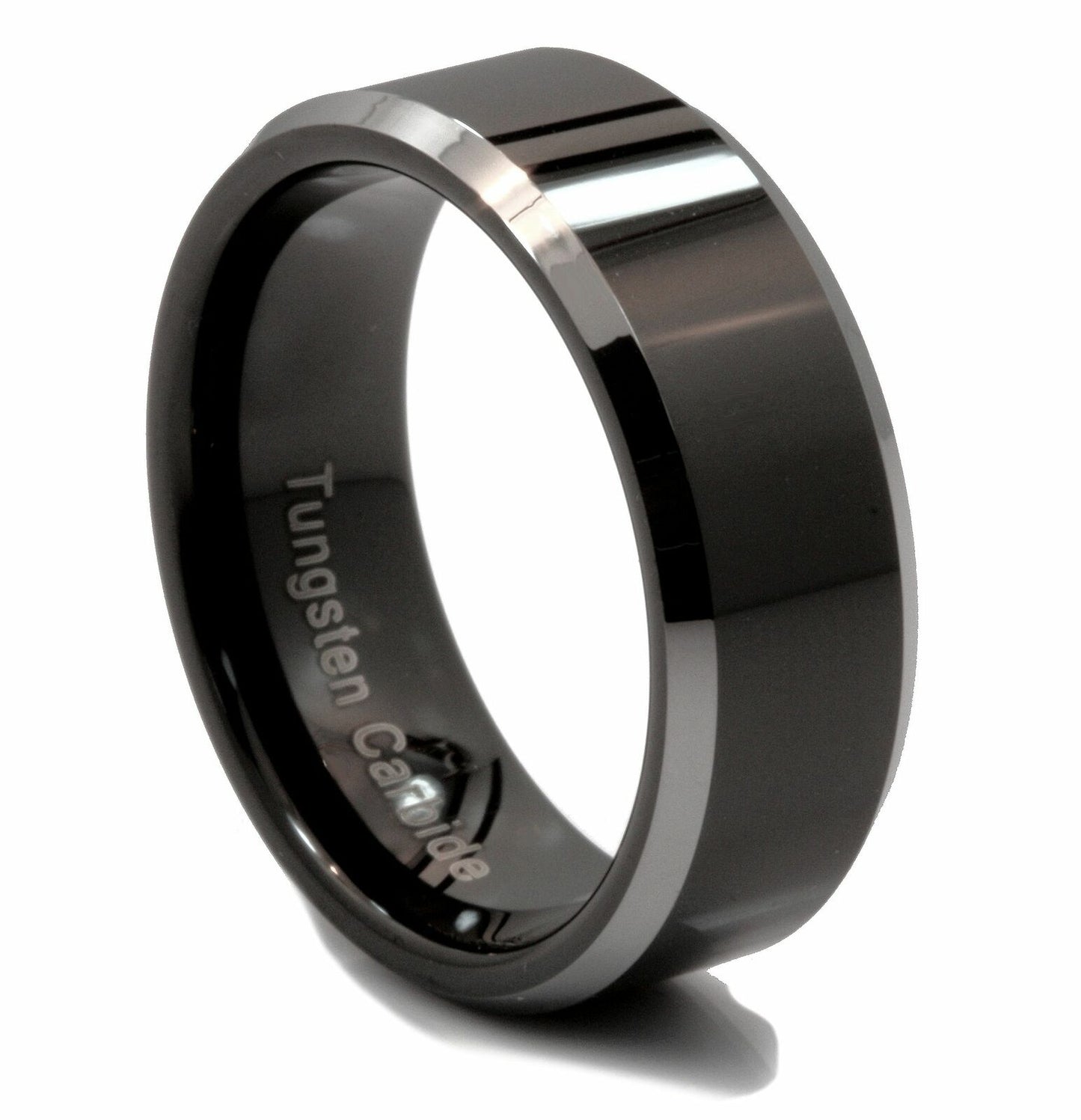 8MM Mirror Polish Black Tungsten Carbide Ring Silver Edge Wedding Band