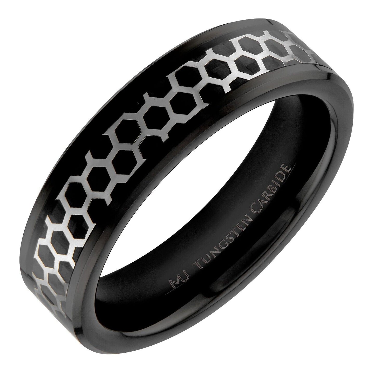 Tungsten Carbide Black or Polished Hexagon Pattern Over Black Carbon Fiber Inlay