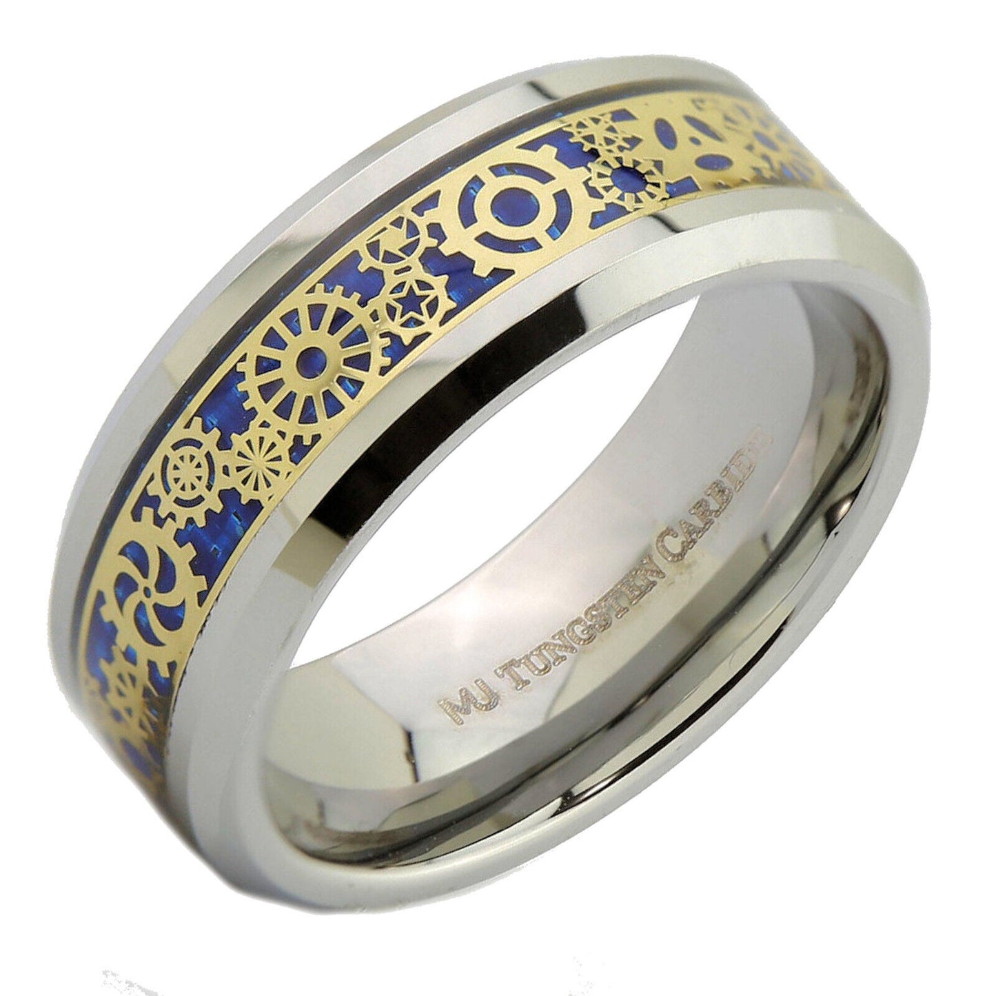 Steampunk Gear Inlay 8mm Polished or Black Plated Tungsten Carbide Wedding Ring