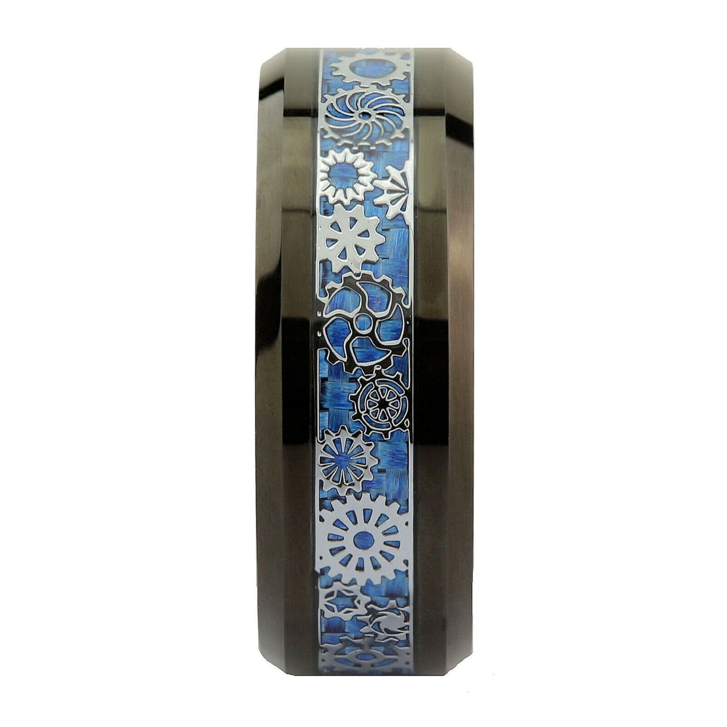 Steampunk Gear Inlay 8mm Polished or Black Plated Tungsten Carbide Wedding Ring