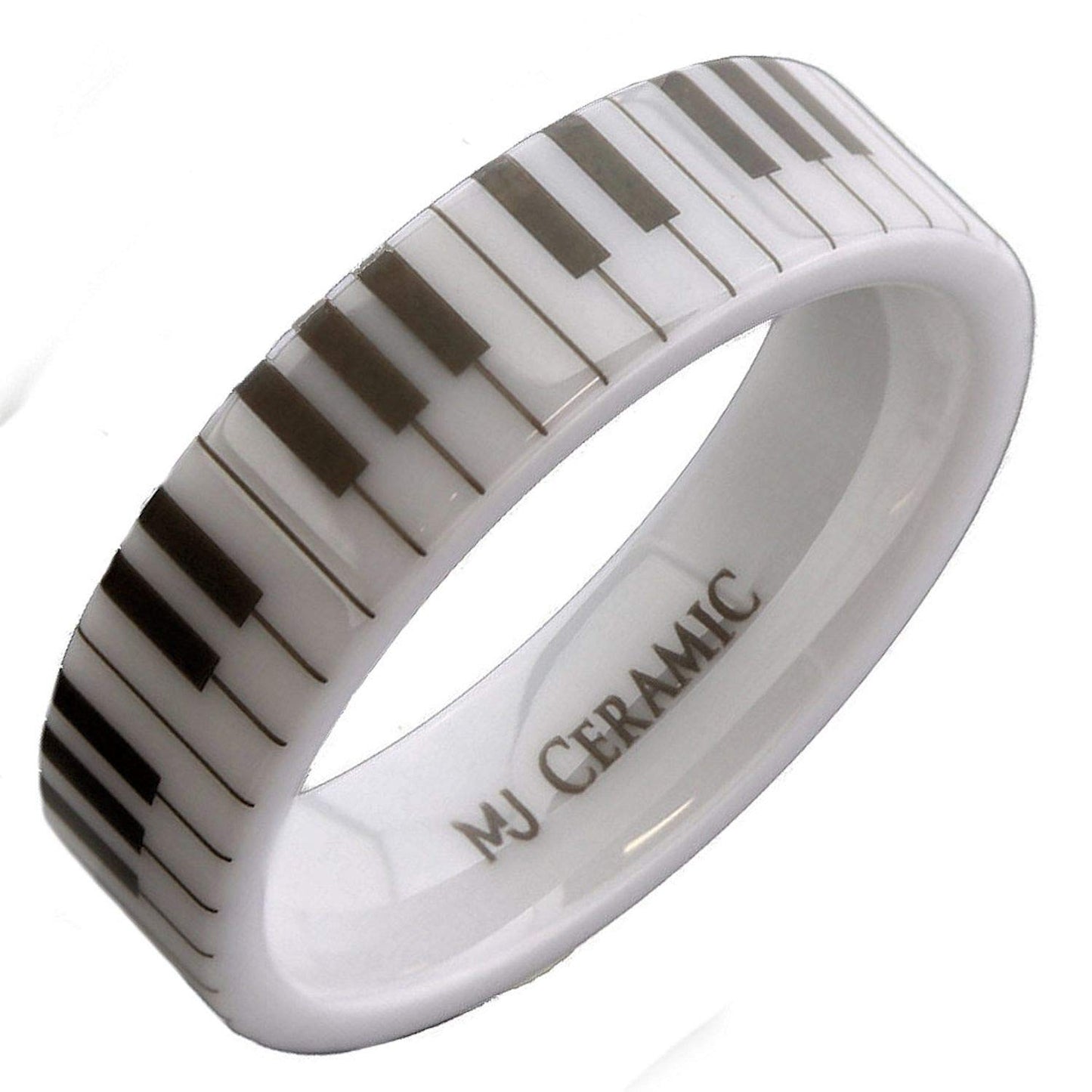 White Ceramic Piano Keyboard Wedding Band High Polished Ring | Comfort Fit Band | Musician Music