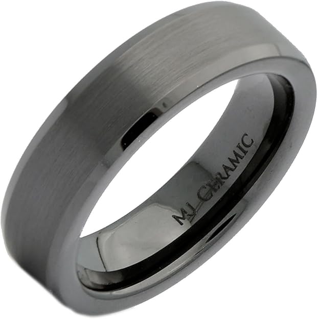 Black Ceramic Ring Brushed Center Recessed Polished Edge Wedding Band 6mm