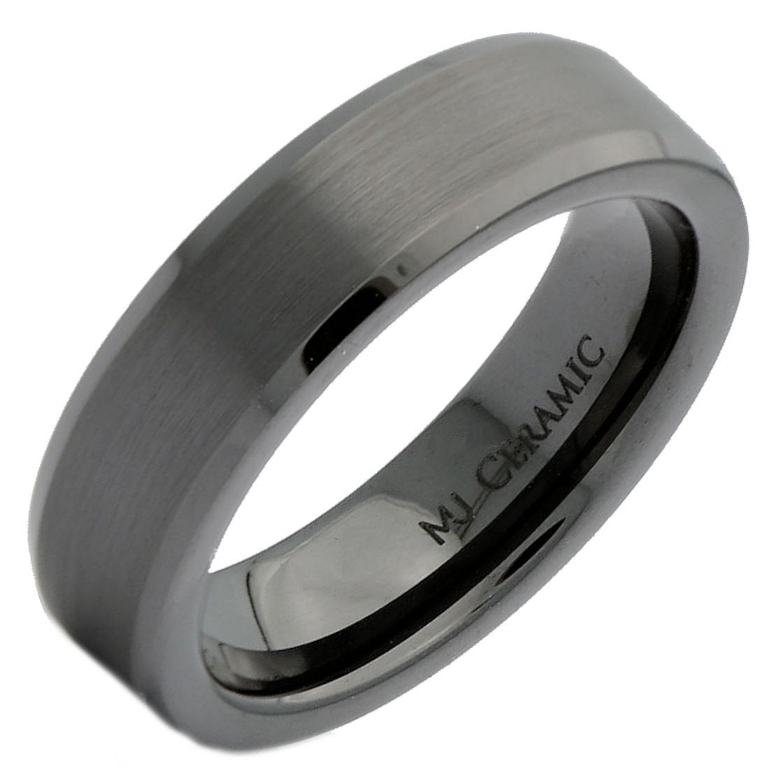 Black Ceramic Ring Brushed Center Recessed Polished Edge Wedding Band 6mm