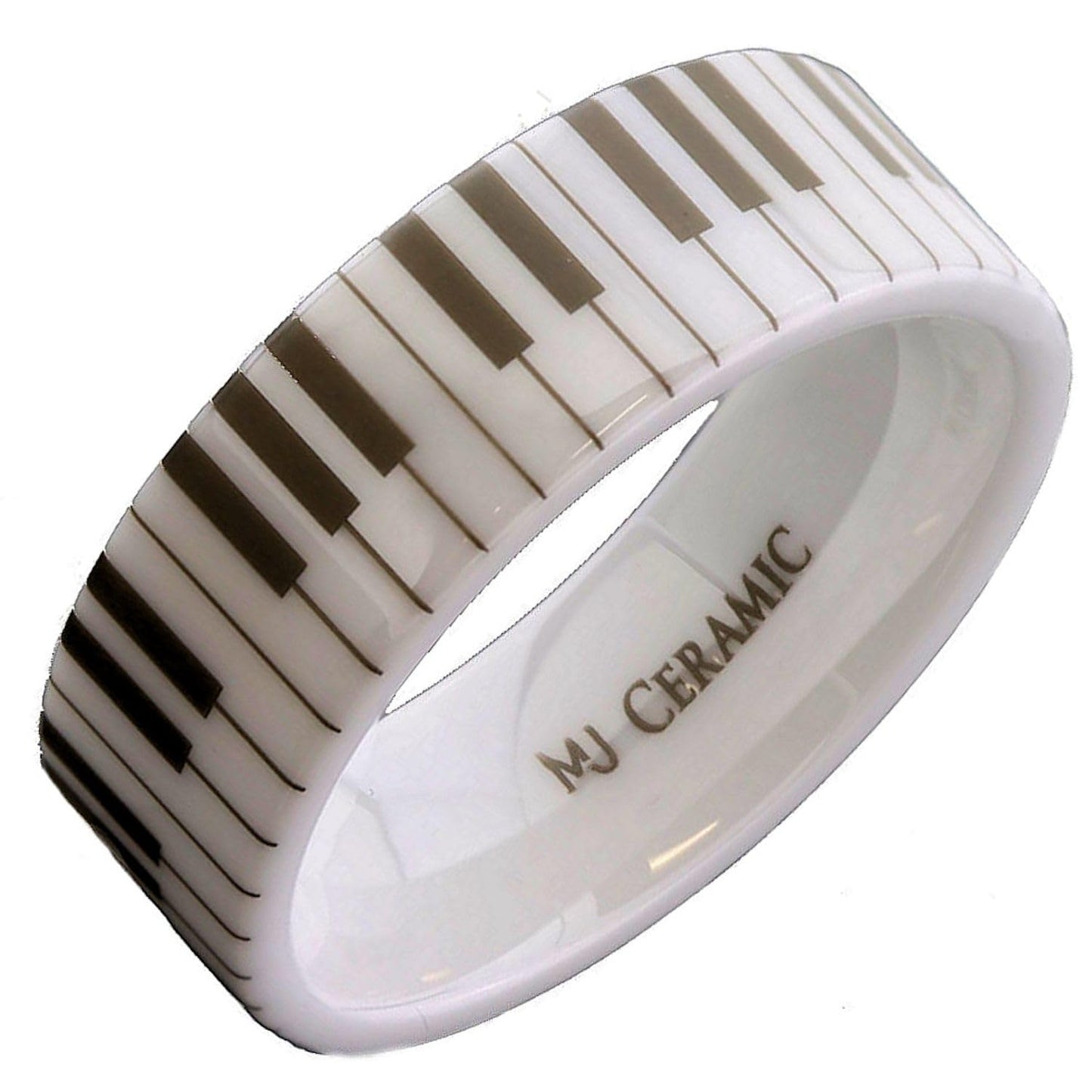 White Ceramic Piano Keyboard Wedding Band High Polished Ring | Comfort Fit Band | Musician Music