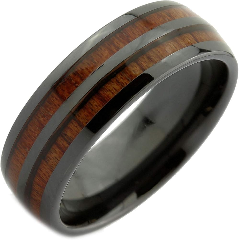 Black Ceramic 8mm Wedding Band 2 Natural Koa Wood Inlays Comfort Fit Ring