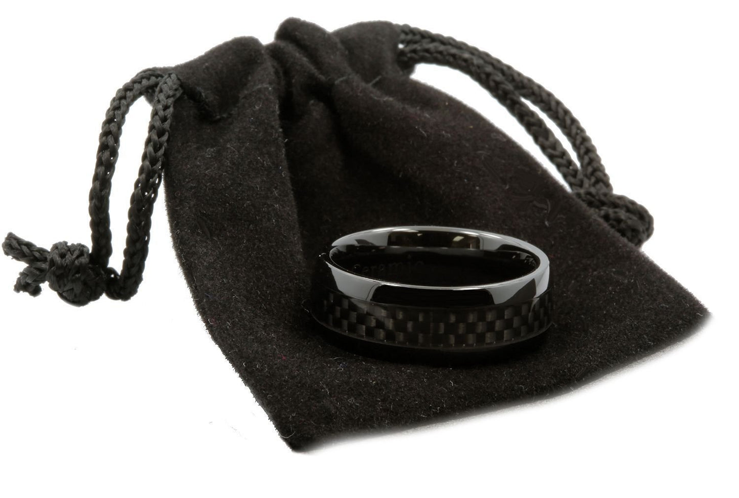 Black Ceramic Carbon Fiber Inlay Wedding Band Comfort Fit Ring | Men Women Band | 8mm