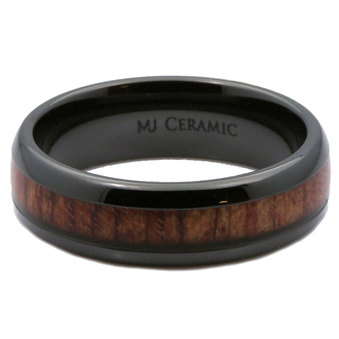 Black Ceramic Wedding Band, Inlay Made from Real Koa Wood, Ring Comfort Fit