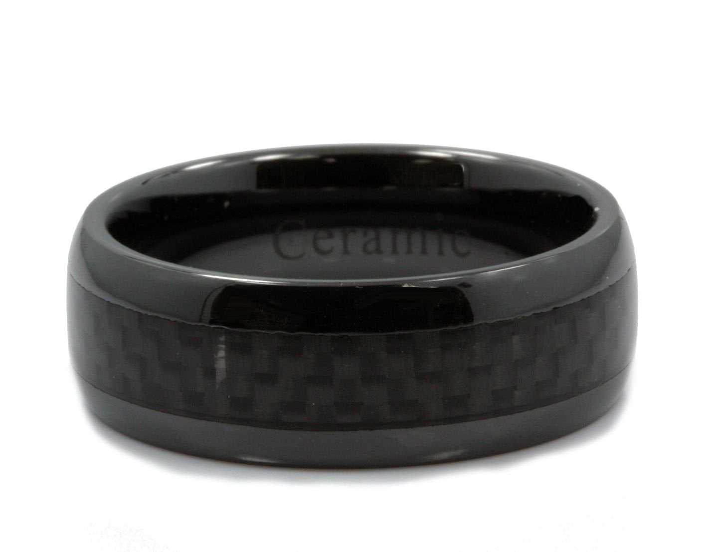 Black Ceramic Carbon Fiber Inlay Wedding Band Comfort Fit Ring | Men Women Band | 8mm