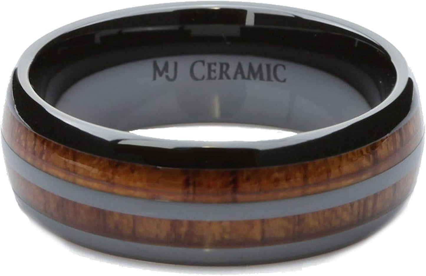 Black Ceramic 8mm Wedding Band 2 Natural Koa Wood Inlays Comfort Fit Ring