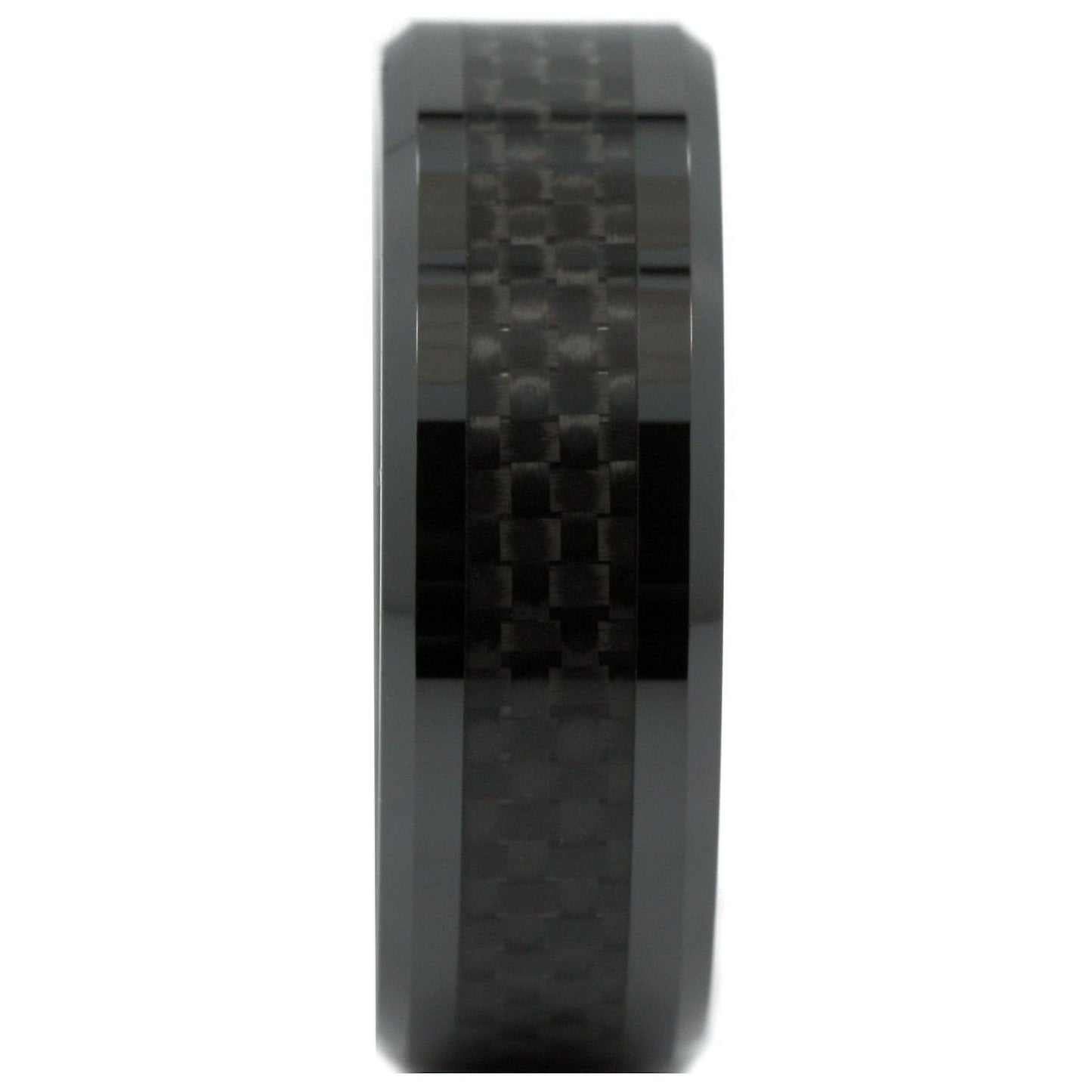 Black Ceramic Carbon Fiber Inlay Wedding Band Comfort Fit Ring | Men Women Band | 8mm