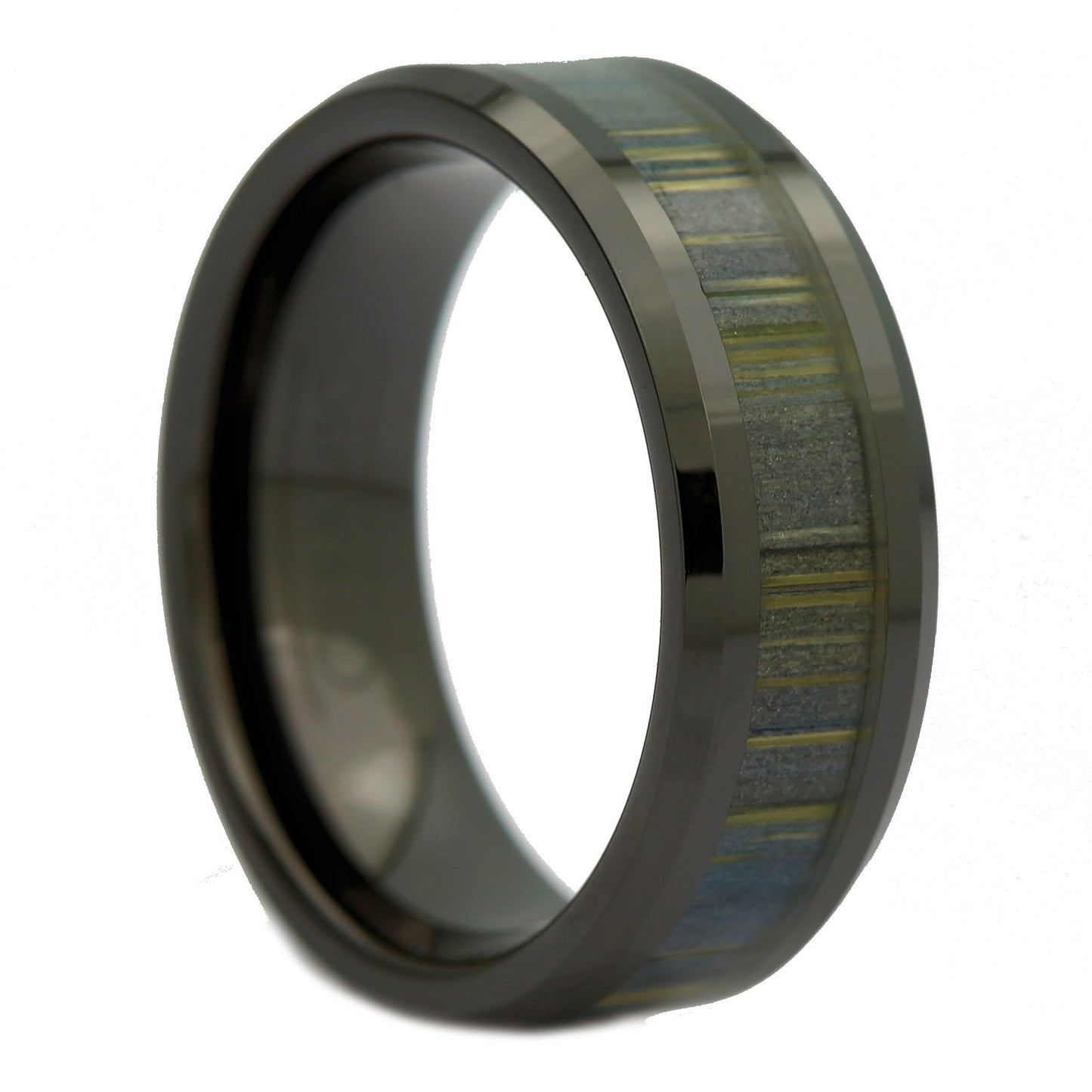 Black Ceramic Ring, Inlay Made from Zebra Wood. Wedding Band Ring 8mm