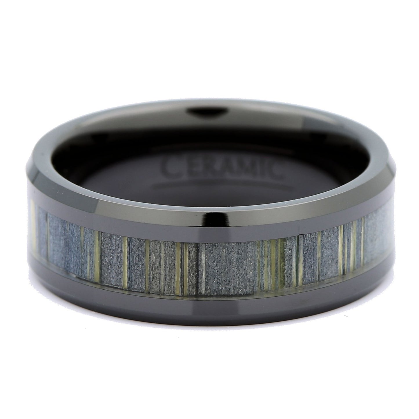 Black Ceramic Ring, Inlay Made from Zebra Wood. Wedding Band Ring 8mm