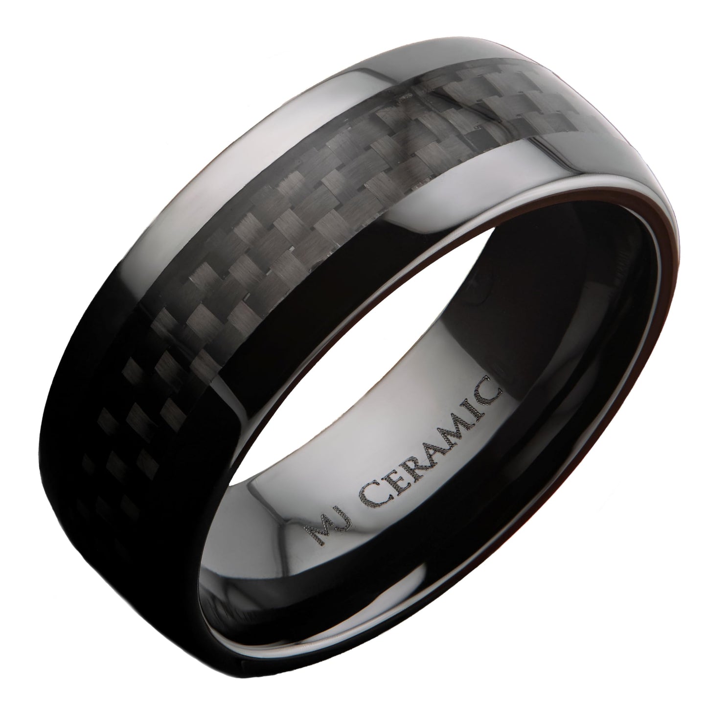 Black Ceramic Carbon Fiber Inlay Wedding Band Comfort Fit Ring | Men Women Band | 8mm