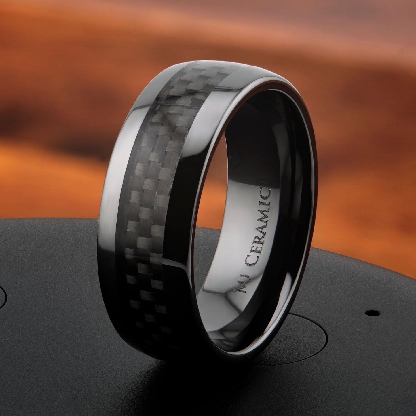 Black Ceramic Carbon Fiber Inlay Wedding Band Comfort Fit Ring | Men Women Band | 8mm