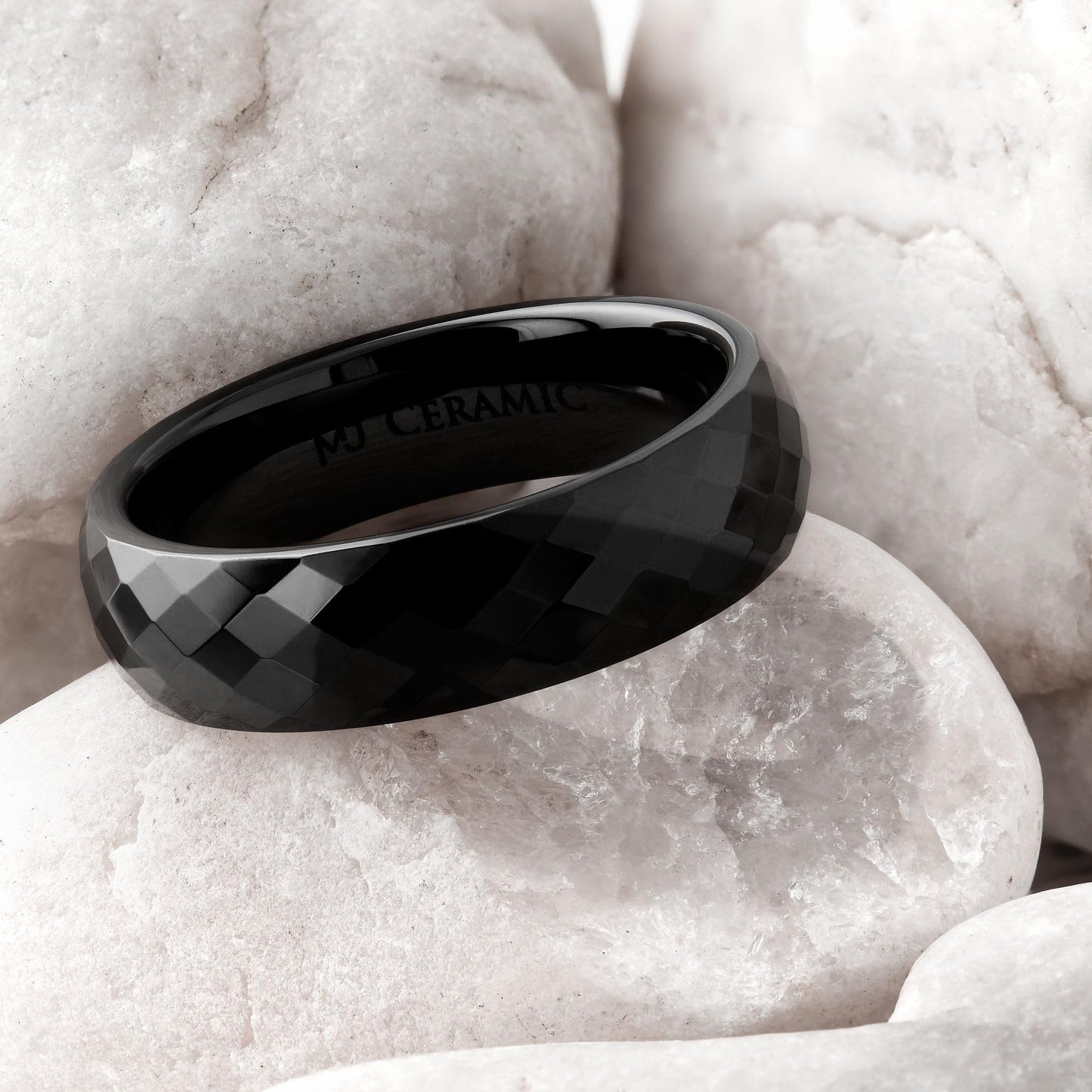 Faceted Ceramic Ring White or Black Wedding Band Comfort Fit