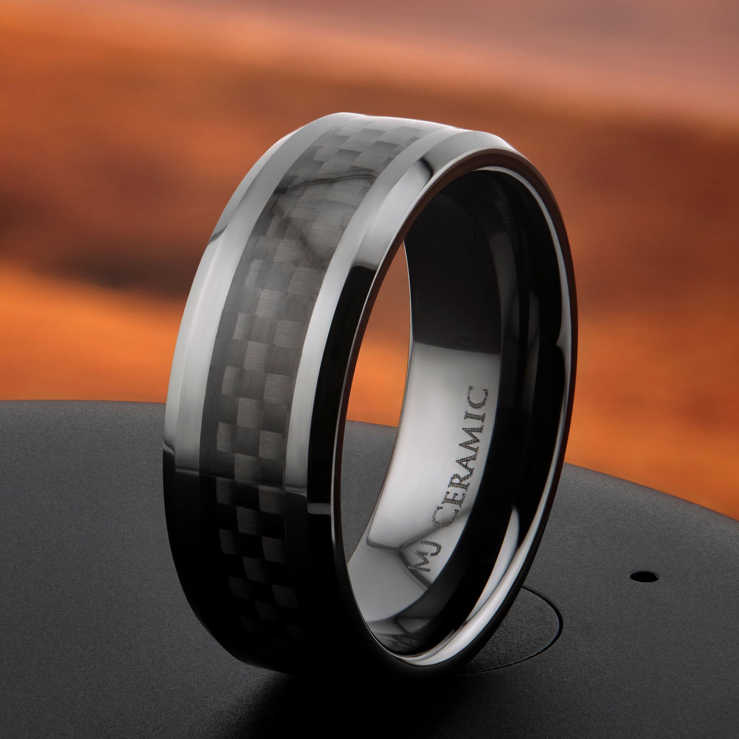 Black Ceramic Carbon Fiber Inlay Wedding Band Comfort Fit Ring | Men Women Band | 8mm
