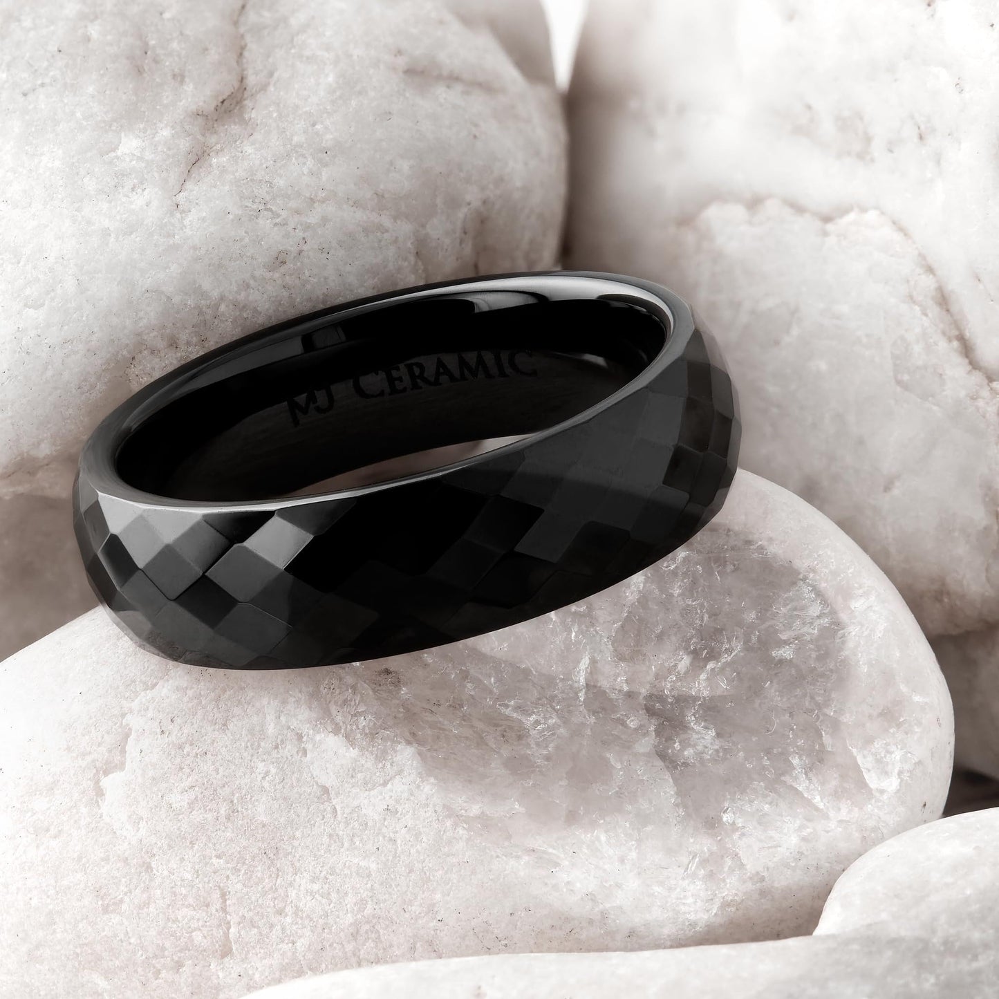 Faceted Ceramic Ring White or Black Wedding Band Comfort Fit