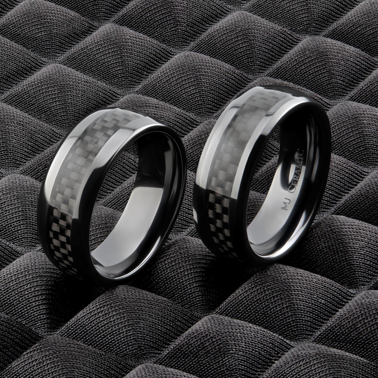 Black Ceramic Carbon Fiber Inlay Wedding Band Comfort Fit Ring | Men Women Band | 8mm