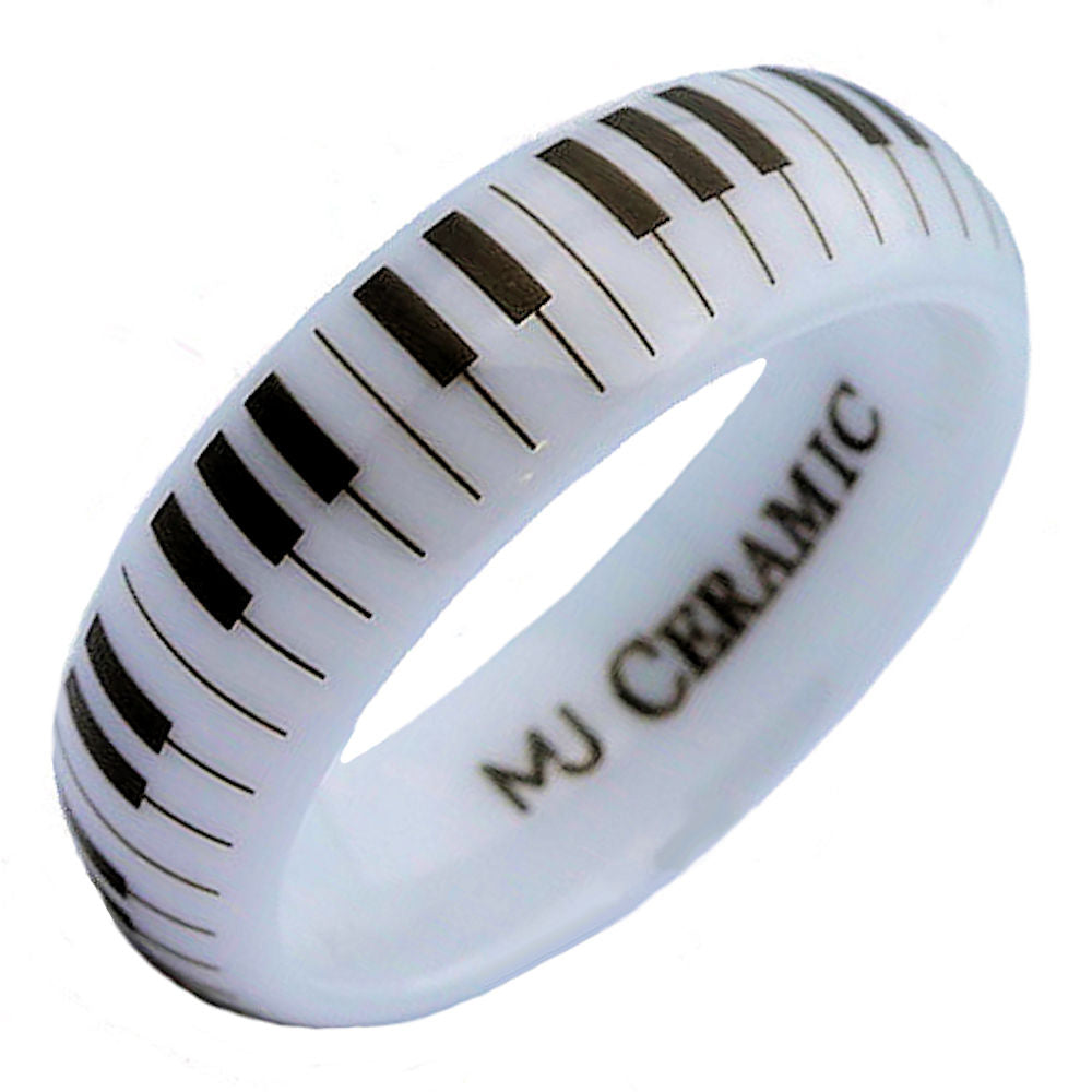 White Ceramic Piano Keyboard Wedding Band High Polished Ring | Comfort Fit Band | Musician Music