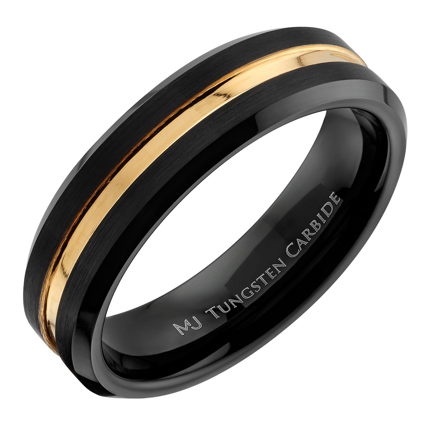Tungsten Carbide Wedding Band Matt Black Plated with Gold Plated Center Comfort Fit Ring